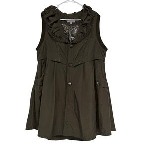 Pretty Angel Olive Green Sleeveless Coat Vest Ruffle Collar Silk Blend XL Boho